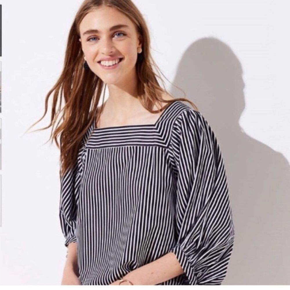 LOFT Square Neck Puff Sleeve Blouse,  Black and White Stripe, Small